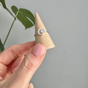 Rainbow Moonstone Sterling Silver Crescent Moon Crystal Ring