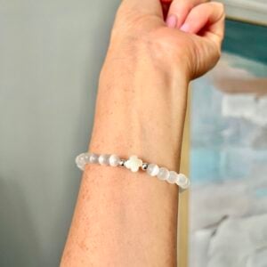 Selenite Mother of Pearl Clover Bracelet
